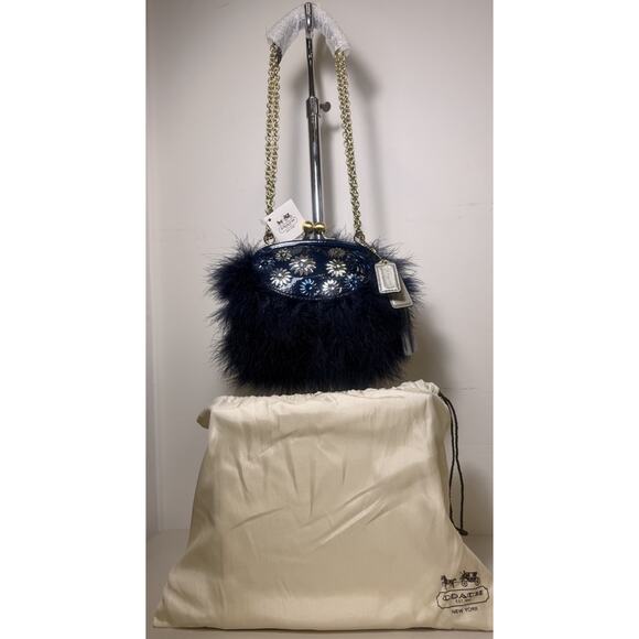 NWT RARE Coach Poppy Patent Floral Fur Bag 21324 BA/BL Navy Blue with Dust Bag - Picture 1 of 14